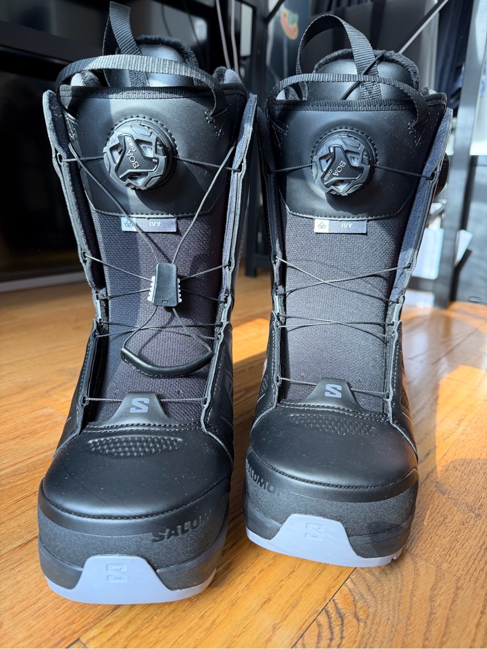 Salomon Black Snowboard Boots with Gray Outsole Accents and BOA Dial